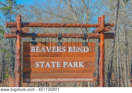 The Entry Sign For Beavers Bend State Park In Broken Bow, Oklahoma