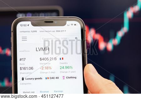 Lvmh Logo Of Stock Price On The Screen Of Smartphone In Mans Hand With Changing Trend On The Chart O