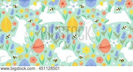 Floral Easter Rabbit Pattern. Floral Easter Bunny Pattern. Eggs Hunt Summer Garden Textile Design. C