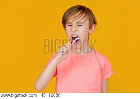Little Man Brushing Teeth. Happy Child Kid Boy With Toothbrush. Health Care, Dental Hygiene. Little 
