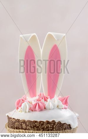 Easter Cake On A Pink Background With Hare Ears