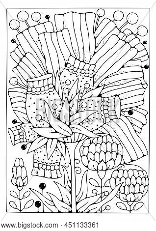 Coloring Page, Art Therapy. Artline A Bouquet Of Flowers For Coloring. Black And White Vector Floral