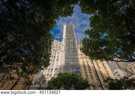 Buildings And Trees In Cinelandia Square In Rio De Janeiro City Downtown