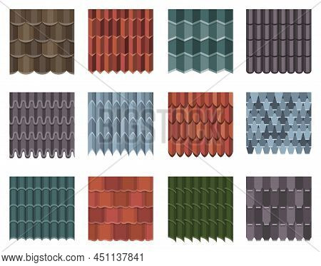 Seamless Tile Roof Set. Textured Patterns Of Repeat Ceramic Rooftop. Clay Tiles Textures Of House Co