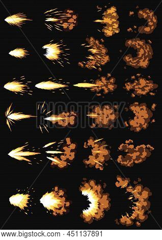 Gun Flashes Or Gunshot Animation. Collection Of Fire Explosion Effect During Shot With Gun. Cartoon 