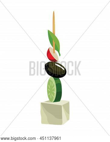 Canape Of Appetizer With Toppings. Snack For Party, Cold Food On Wooden Stick. Canape For Buffet, Ic