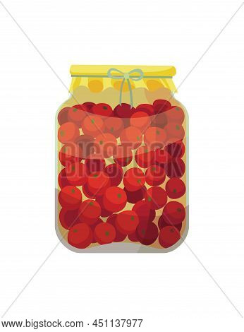 Jar Preserved Vegetables. Can Of Pickled Tomatoes. Cartoon Canned Food In Glass. Grocery Conserve Co