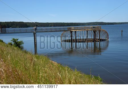 Overflowing Spillway On Lake Claiborne, In Louisiana, Shows Lake Draining Through Controlled Dam.