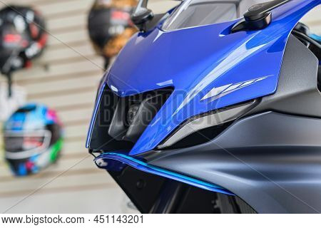 Motorcycles In The Showroom Yamaha Shop. Yamaha R7 Motorcycle. Selective Focus.