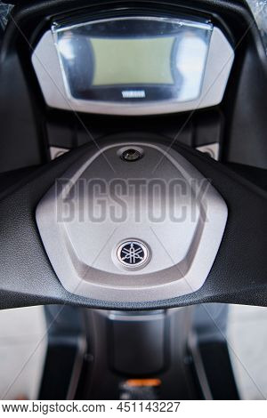 Motorcycles In The Showroom Yamaha Shop. Yamaha Nmax Motorcycle. Selective Focus.