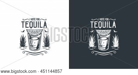 Shot Tequila With Lime, Salt And Agave For Cocktail Bar. Vector Design With Mexican Tequila For Alco