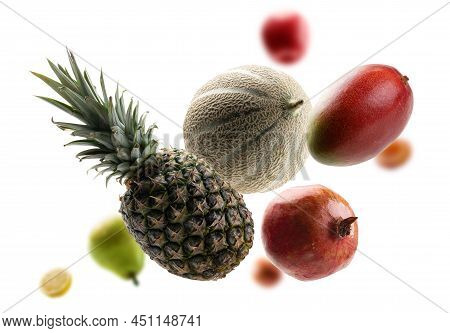Fresh Fruits Levitate On A White Background