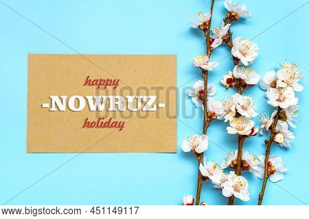 Sprigs Of The Apricot Tree With Flowers And Text Happy Nowruz Holiday Concept Of Spring Came Top Vie