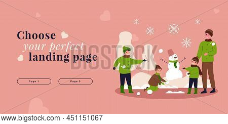 Father With Children Having Snowball Fight. Cartoon Family Playing With Snow Outdoor Flat Vector Ill