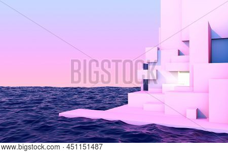 Calm Pink Vaporwave Landscape With Abstract Architecture In The Sea. Aesthetic Scenery Background Wi