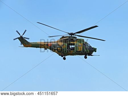 Braila, Romania - May 26, 2018. Military Iar-330 Puma Socat Helicopter Performing A Demonstration Fl