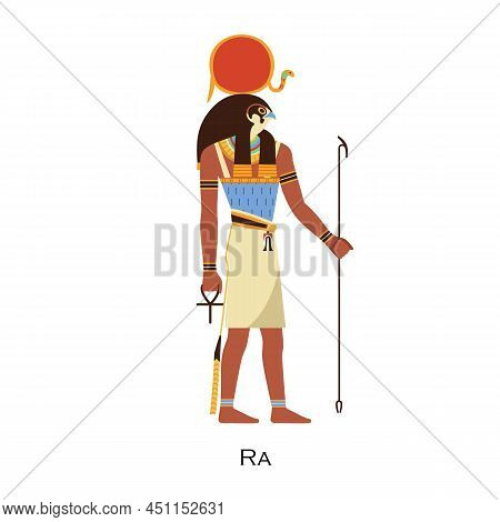 Ra God, Ancient Egyptian Deity With Solar Disk And Falcon Head. Old History Character Figure With Su