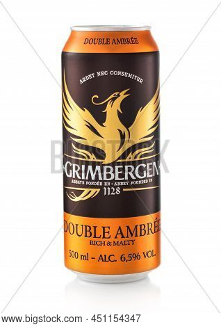 London,uk - February 12,2022: Aluminium Can Of Grimbergen Double Ambree Beer On White.