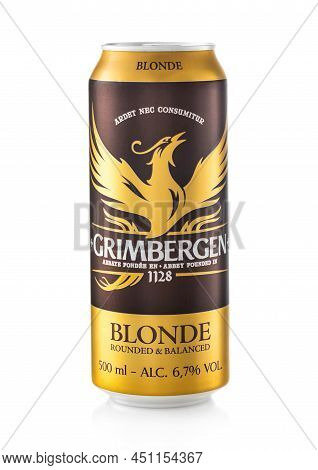 London,uk - February 01,2022: Grimbergen Blonde Beer On White.product Of Belgium