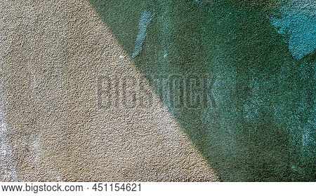 Old Concrete Wall And House Paint (white), Peel Off, Left Half In Sunlight, Right Half Black Shadow.