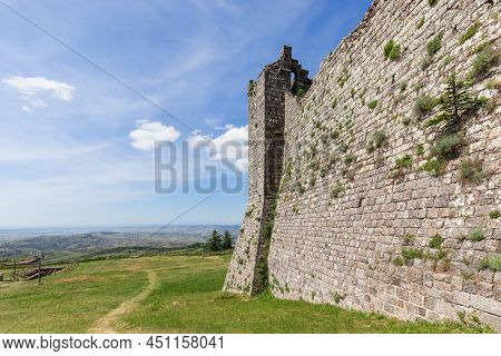 Radicofani - Italy. June 04, 2021: The Corner Of The Ancient Radicofani Fortress Remains With View O