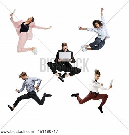 Emotional Office Workers Jumping And Dancing In Casual Clothes And Business Suit With Folders, Coffe