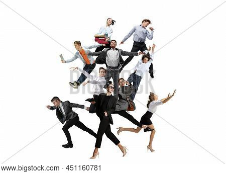 Emotional Office Workers Jumping And Dancing In Casual Clothes And Business Suit With Folders, Coffe