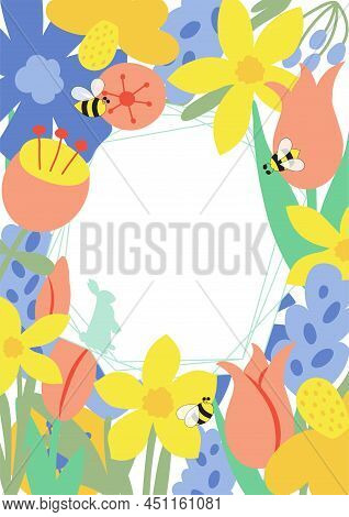 Floral Easter Poster. Spring Flower Rabbit Bunny Banner Template For Easter Egg Hunt. Spring Greetin
