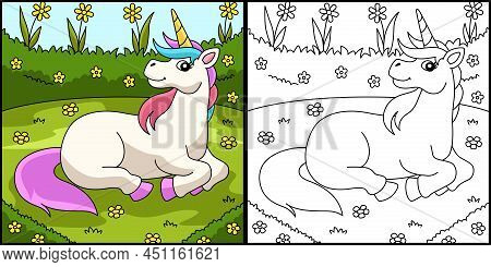 This Coloring Page Shows A Unicorn Lying On The Flower Field. One Side Of This Illustration Is Color