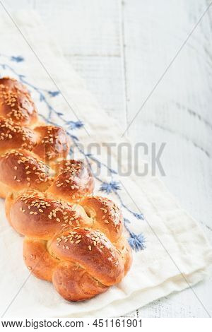 Challah Bread. Sabbath Kiddush Ceremony Composition. Freshly Baked Homemade Braided Challah Bread Fo