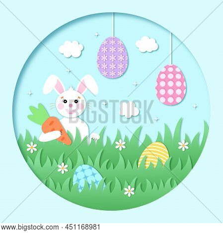 Easter Card Paper Cut Out Concept. Easter Egg Hunt. White Rabbit With A Carrot On A Green Lawn. Brig