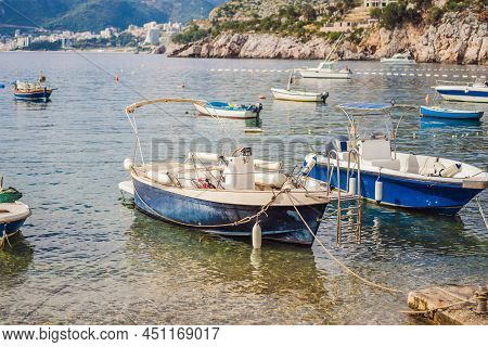 Picturesque Summer View Of Adriatic Sea Coast In Budva Riviera Near Przno Village. Cozy Beach And Bu
