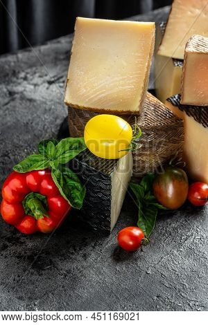 Cheese Board Of Various Types Of Soft And Hard Cheese. Spanish Manchego Cheese, International Dairy 