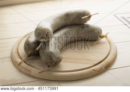 Tripe Sausages, Liver Sausage Served On A Wooden Board