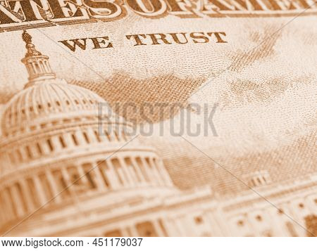 American Paper Money Background. Fragment Of Reverse Of $50 Bill Showing The Capitol. Us Banknote Cl
