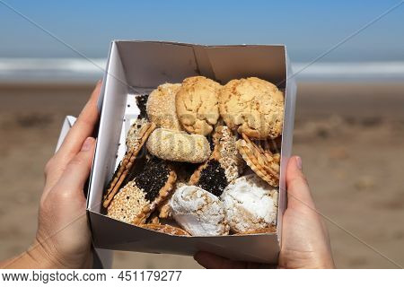 Moroccan Cuisine. Cookies And Pastries Variety Box In El Jadida, Morocco.
