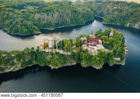 Panoramic View Of Zvikov Castle On The Hill With Trees Surrounded By River Vltava And Otava In South