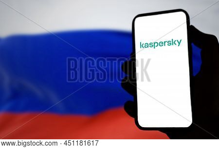 Rome, Italy, March 2022: The Logo Of The Kaspersky Antivirus On The Screen Of A Hand-held Mobile Pho