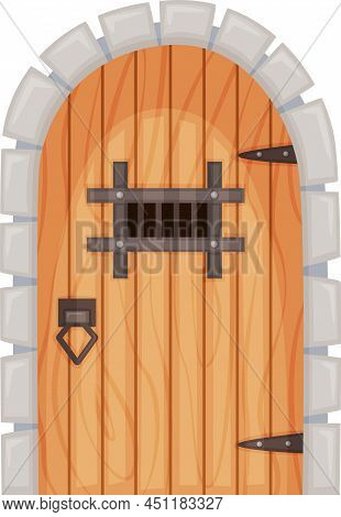 Cartoon Medieval Castle Entrance Gates And Dungeon Door. Old Wooden Doors With Stone Surround, Ancie
