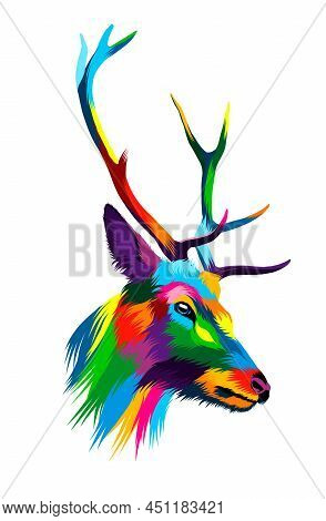 Abstract Deer Head Portrait, Cervus Elaphus, Dama Dama From Multicolored Paints. Colored Drawing
