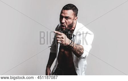 Anger Concept. Aggressive Man Shout With Anger. Guy Tense Face Shouting Pointing Finger Forward. Ang
