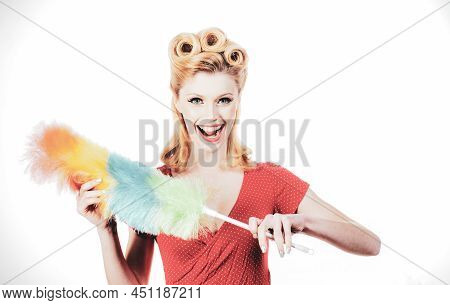Sexy Girl Cleaning Retro Or Pinup Woman Isolated On White. Cleaning Lady With A Pipidaster In The Ha