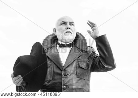 Handsome Oldfashion Senior Old Mature Man. Elderly Mature Greybeard. Vintage Man In Suit.