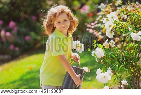 Active Kid Watering Plants On Backyard. Child Helping Arents To Grow Herbs And Flowers. Ecology Conc