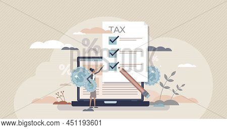 Tax Refund And Annual Vat Declaration With Money Payback Tiny Person Concept. Government Taxation Do
