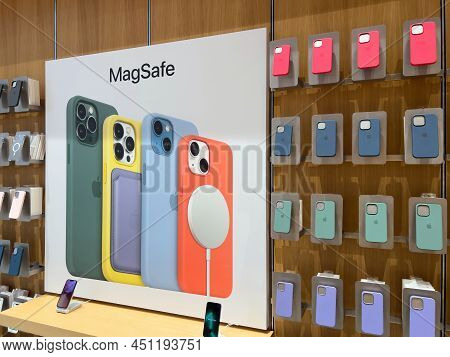 Paris, France - Mar 18, 2022: Multiple Silicone Case With Magsafe On Sale Presentation Of New Colors