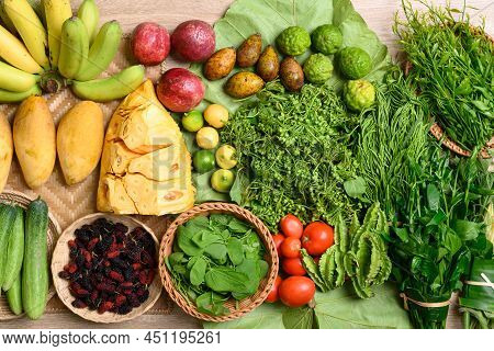 Organic Southeast Asian Vegetables And Fruits From Local Farmer Market In Summer Season, Northern Of