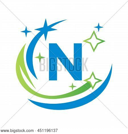 Broom Maid Logo Letter N Logotype. Water Drop Template. House Cleaning Logo On Letter N With Water S