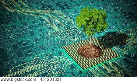 Tree With Green Leaves With Soil Standing On Pcb. 3d Illustration.