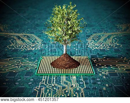 Tree With Green Leaves With Soil Standing On Pcb. 3d Illustration.